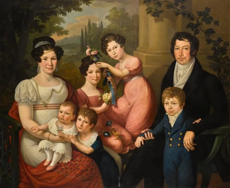 Ritratto di famiglia, presumibilmente della famiglia Borbone - Spagna, Maria Isabella con il marito Francesco I delle Due Sicilie, con i figli, un paesaggio oltre